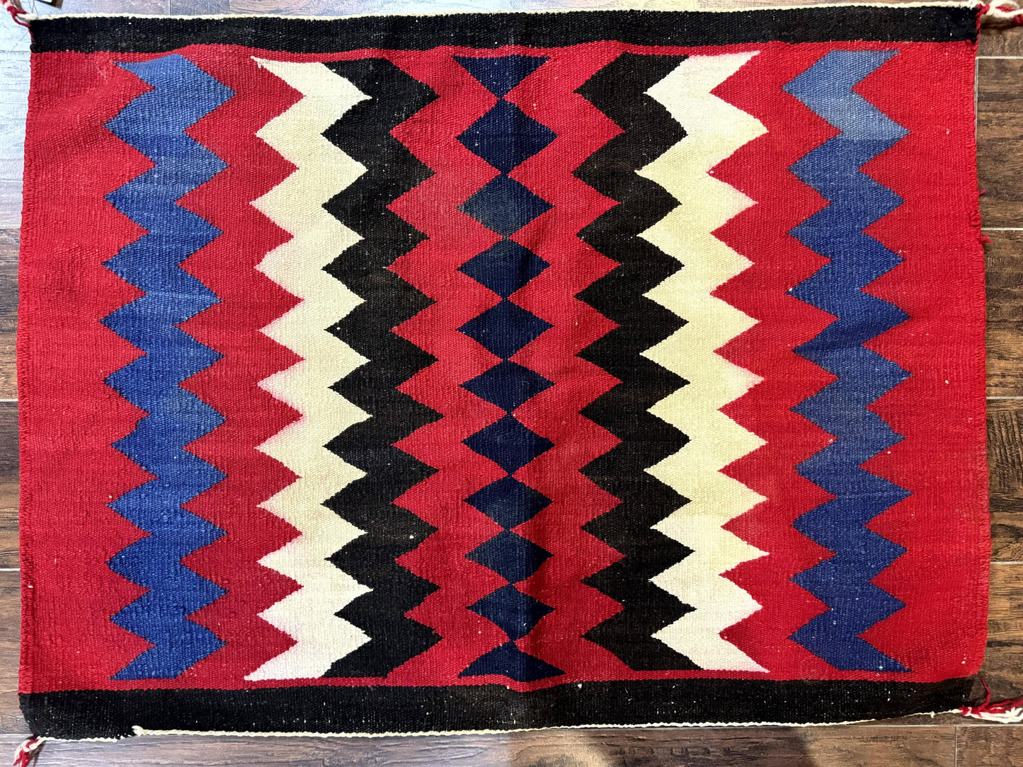 Antique Navajo Rug 3.7 x 2.8, Red Ivory Blue, Zig Zag Pattern, Handmade, Wool