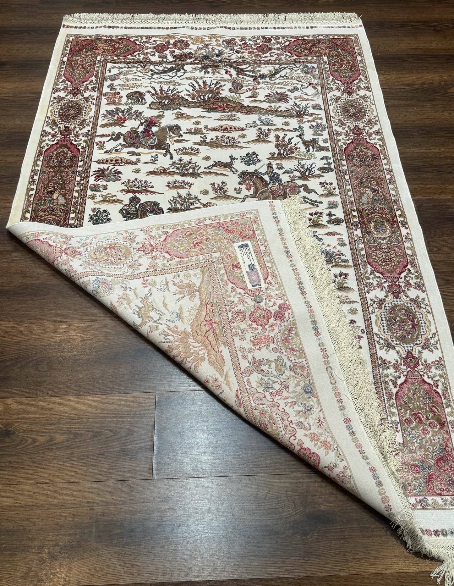 Turkish Silk Hunting Scene Rug 4x6, Ivory, Bamboo Silk, New