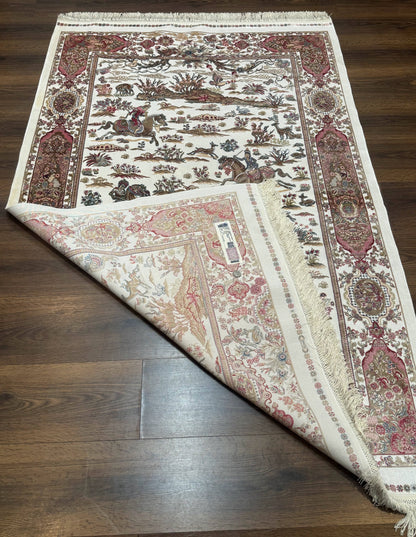 Turkish Silk Hunting Scene Rug 4x6, Ivory, Bamboo Silk, New