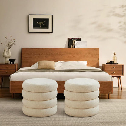 Beige Linen Upholstered Round Storage Ottoman Removable Lid