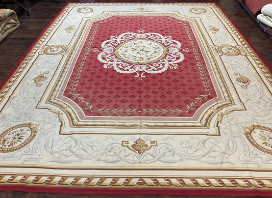 Aubusson Rug 9x12 ft, Red and Ivory Elegant Aubusson Carpet, Flatweave, Vintage Wool Handmade Area Rug 9 x 12, French European Design