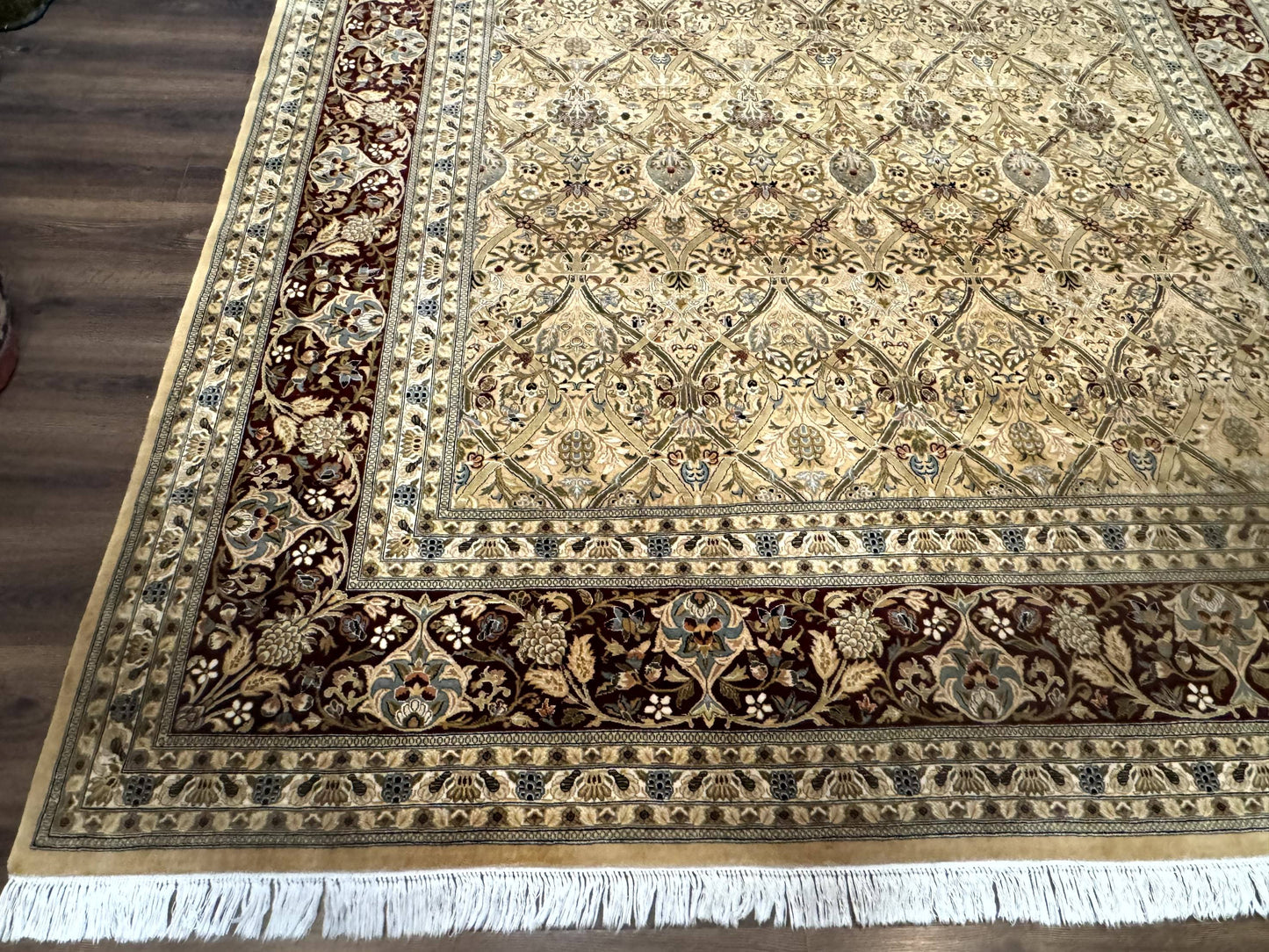 Fine Pak Persian Rug 9x12, Gold and Wine Red, Panel Design, 330 KPSI