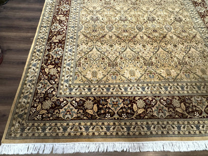 Fine Pak Persian Rug 9x12, Gold and Wine Red, Panel Design, 330 KPSI