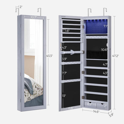 47.2 Inch Tall Lockable Jewelry Cabinet With Mirror Gray