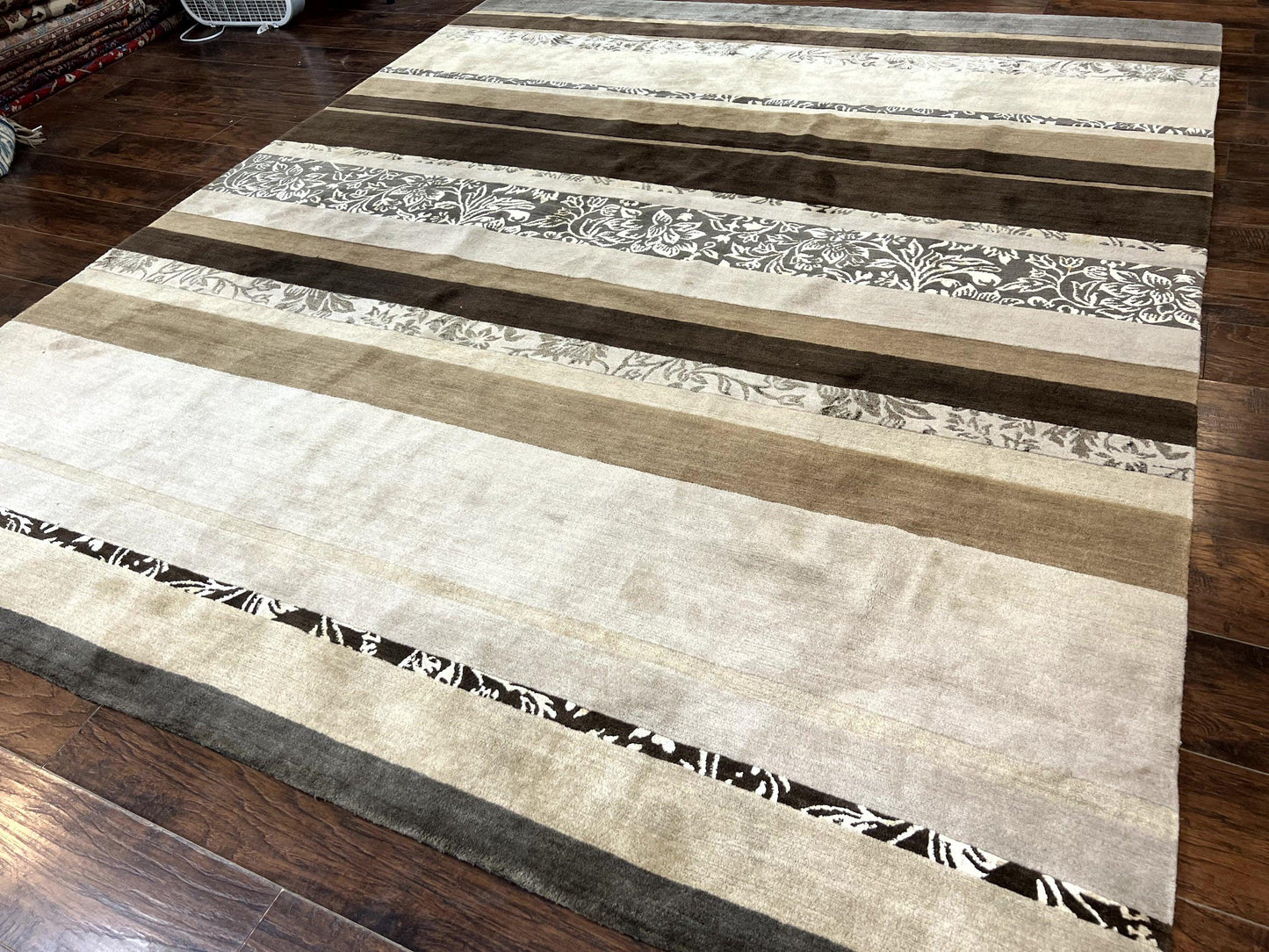 Modern Tibetan Nepali Rug 8x12, Stripe Pattern, Wool with Silk Highlights, Handmade, Beige Tan Brown