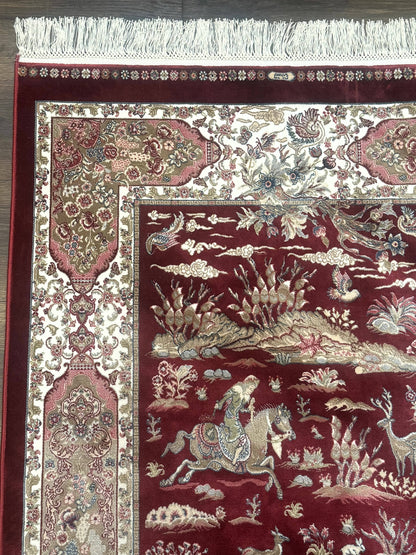 Turkish Silk Rug 3x5, Hunting Design, Dark Red & Ivory, Bamboo Silk, New