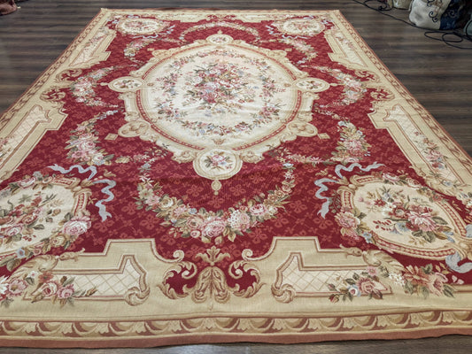 Aubusson Rug 8x11, Needlepoint Carpet, Red Ivory Beige, Vintage, French European Design