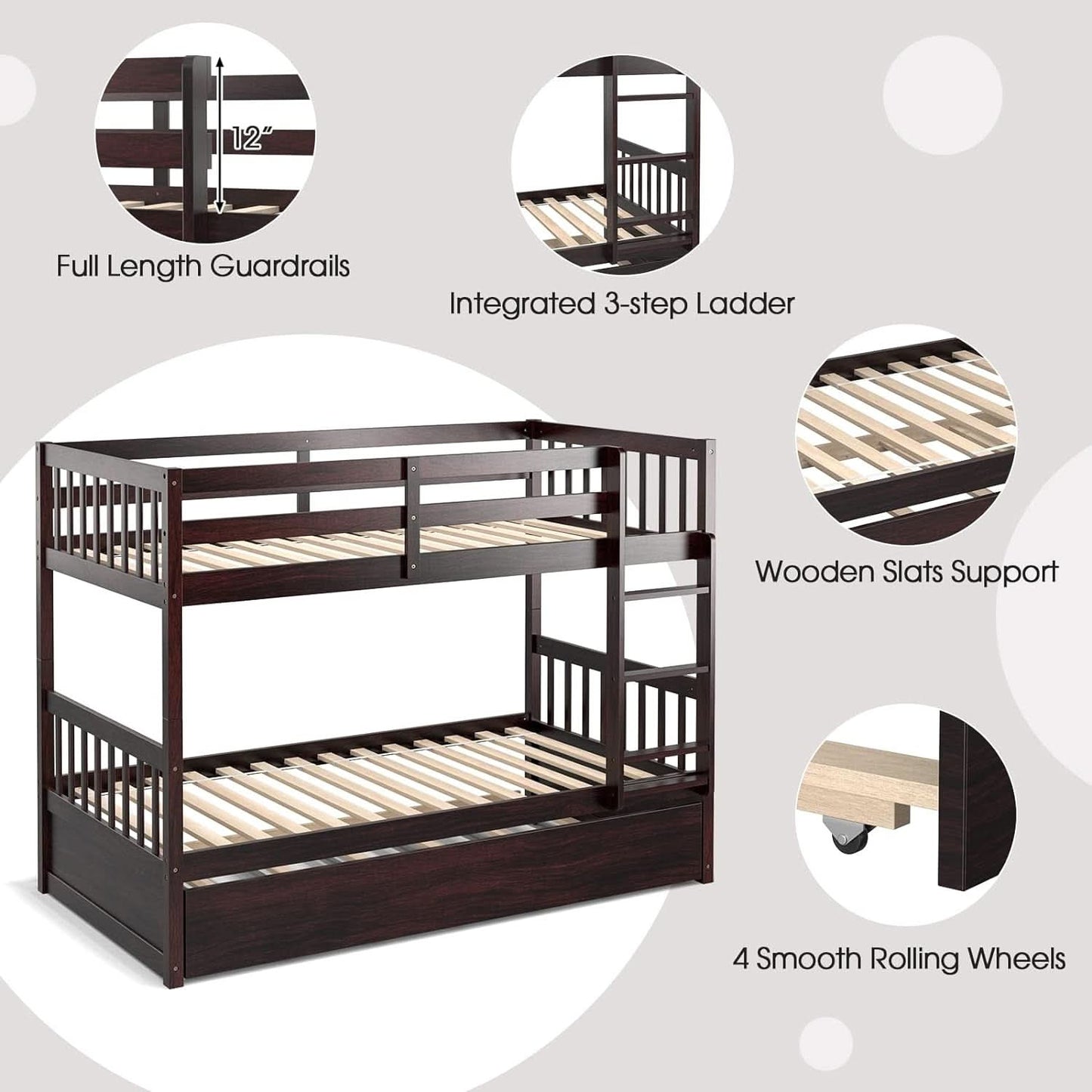 Twin Over Twin Bunk Bed With Trundle In Espresso Solid Wood