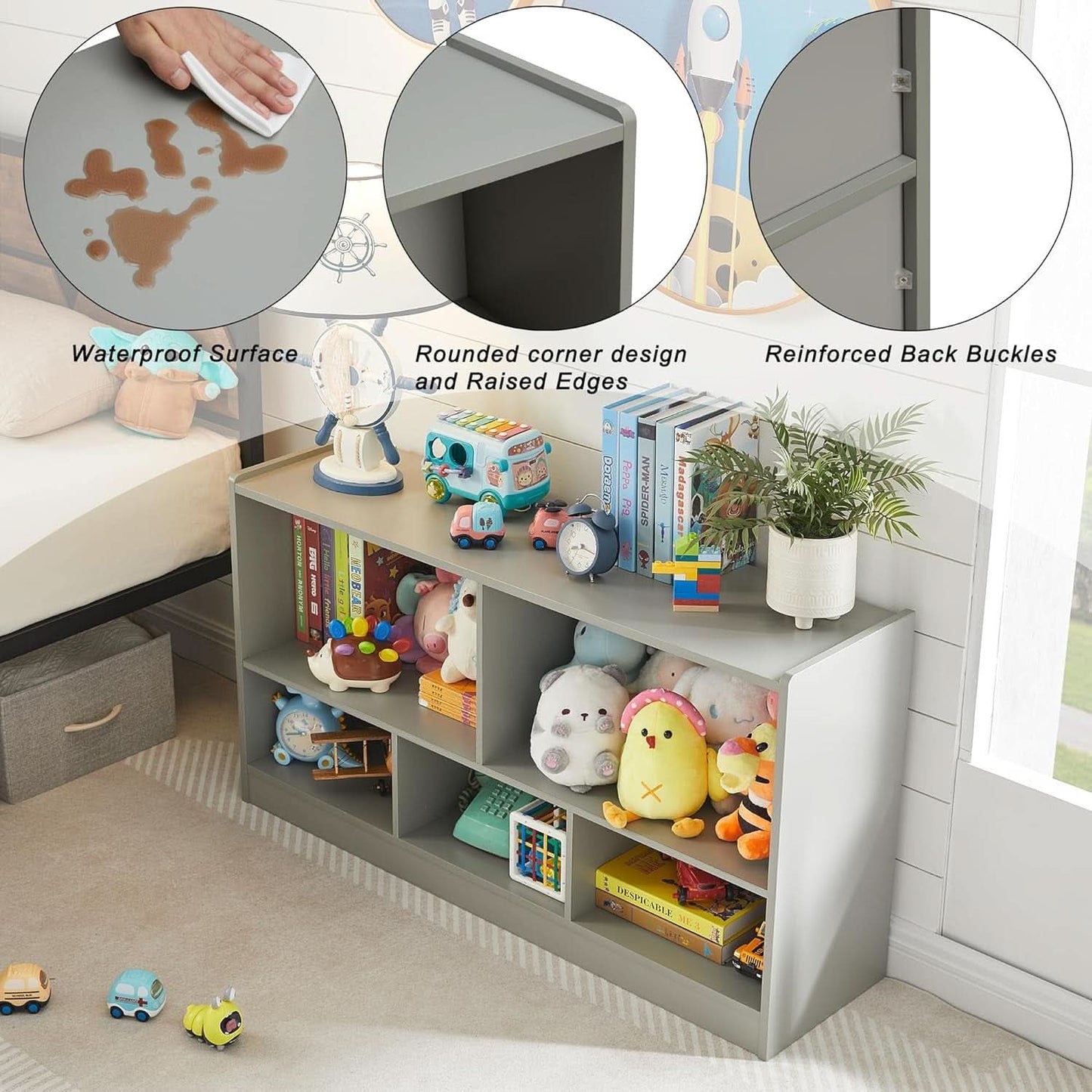 Grey 5 Section Toy Organizer And Bookshelf For Kids Storage