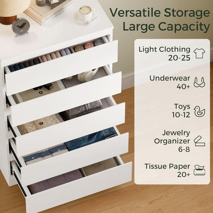 White Contemporary Solid Wood Dresser Five Drawers