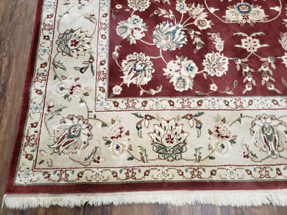 Vintage Traditional Oriental Area Rug, Hand-Knotted, Wool & Silk Accents, Maroon Red and Beige, 6x9 Carpet, 5' 9" x 9'