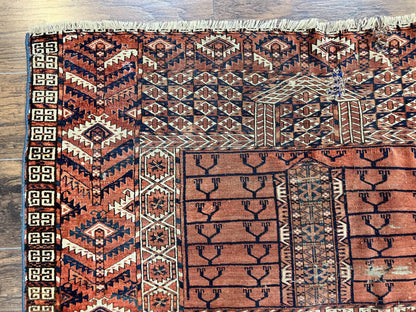 Antique Turkoman Rug 4x4, Hatchli Square Carpet, Wool Handmade Four Season Yamud Design Rug, Red Bohemian Tribal Rug, Engsi Tekkeh Rug