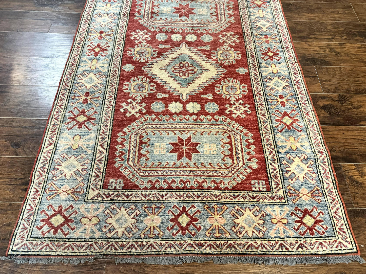 Turkish Kazak Rug 4x6, Handmade Vintage Wool Carpet, Geometric Design, Red and Light Blue