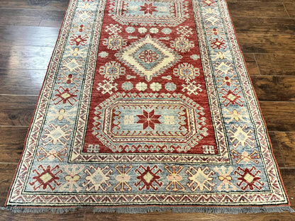 Turkish Kazak Rug 4x6, Handmade Vintage Wool Carpet, Geometric Design, Red and Light Blue