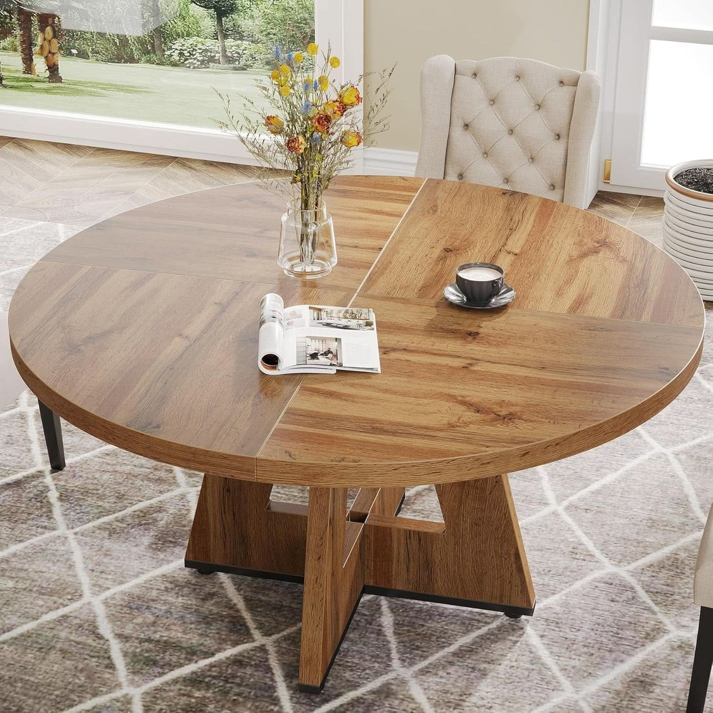 Round 47 Inch Farmhouse Dining Table For Four Kitchen Living Room Wood