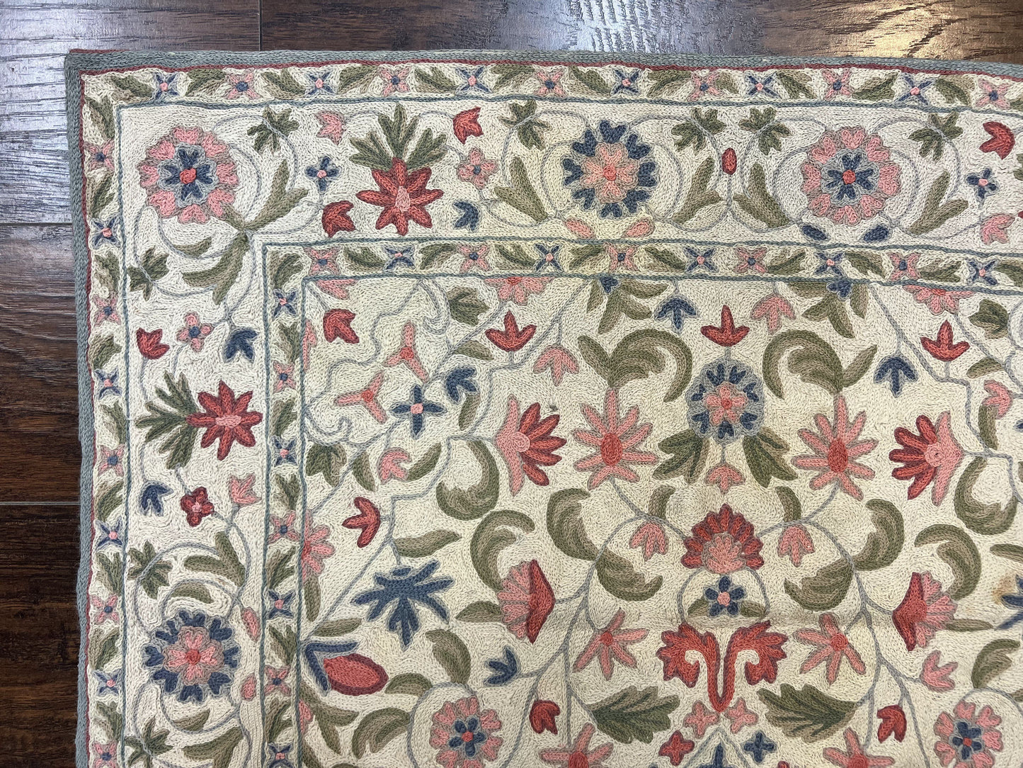 Hand Stitched Indian Rug 4x5, Floral, Vintage Hand Embroidered Rug