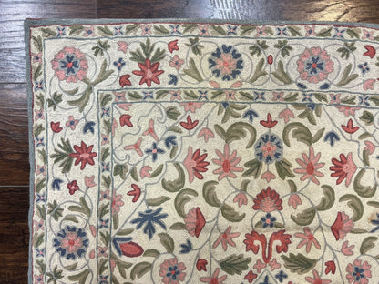 Hand Stitched Indian Rug 4x5, Floral, Vintage Hand Embroidered Rug