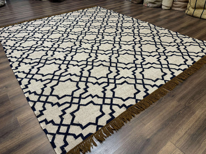 Indian Kilim Rug 8x10, Oat and Navy Blue, Dhurrie Carpet, Handmade, Wool