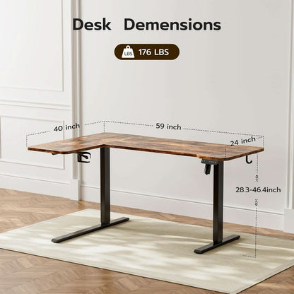59 Inch Reversible L Shaped Electric Standing Desk Brown