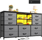 12 Drawer Long Dresser With LED Lights And Built In Power Outlet For Bedroom Storage