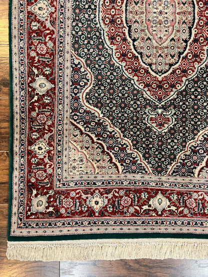 Sino Persian Rug 4x6, Wool with Silk Highlights, Fine Hand Knotted Carpet, Green & Maroon Red, Herati Medallion, Vintage Rug