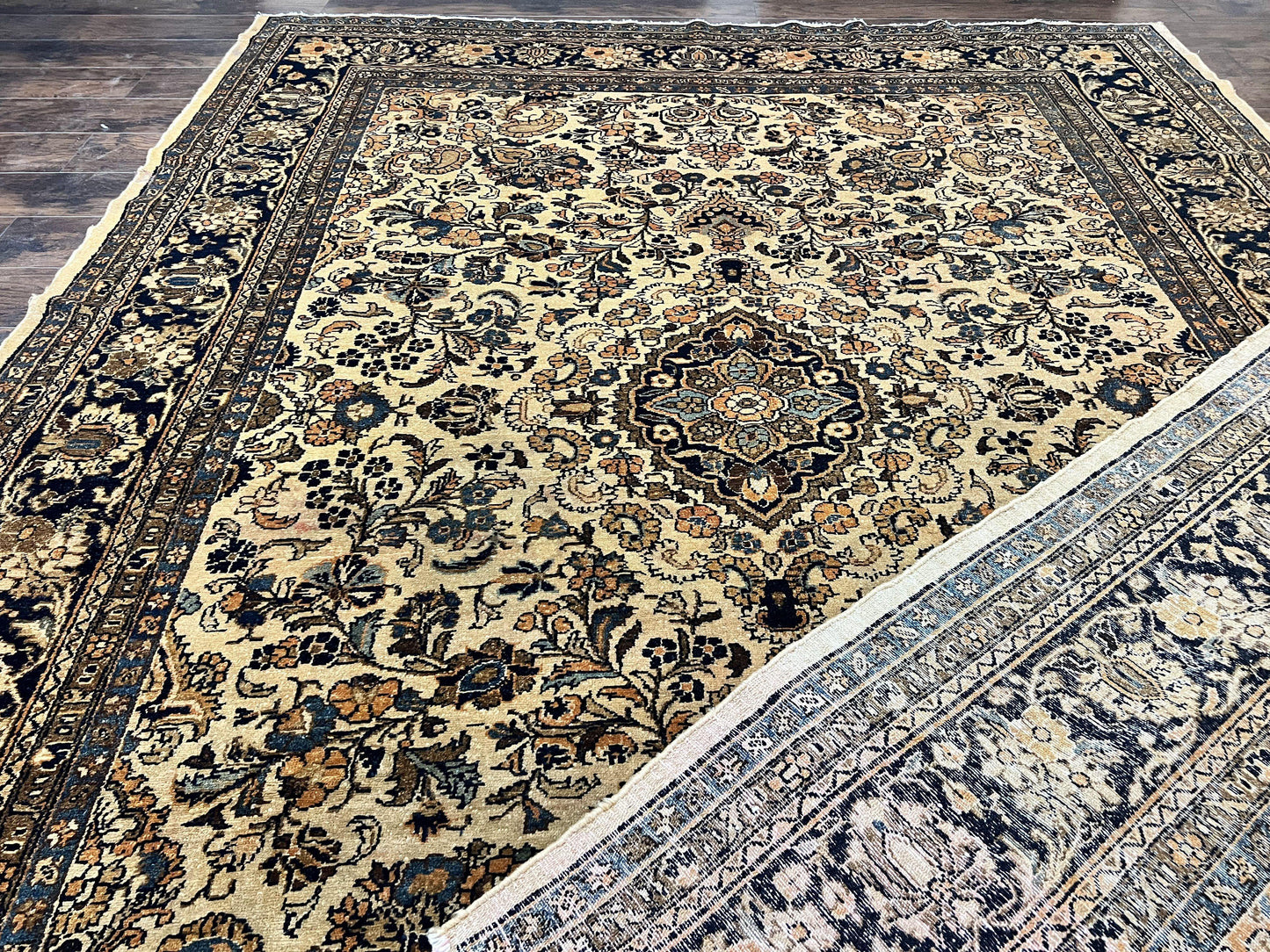 Antique Persian Rug 9x11, Wool Handmade 1920s Oriental Carpet, Persian Hamadan Anjelas Rug, Cream Black, Floral Allover Oriental Rug 9 x 11 Room Sized Rug