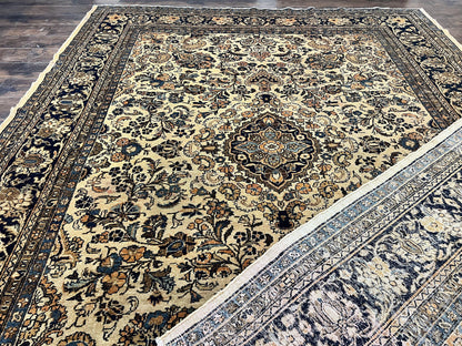 Antique Persian Rug 9x11, Wool Handmade 1920s Oriental Carpet, Persian Hamadan Anjelas Rug, Cream Black, Floral Allover Oriental Rug 9 x 11 Room Sized Rug