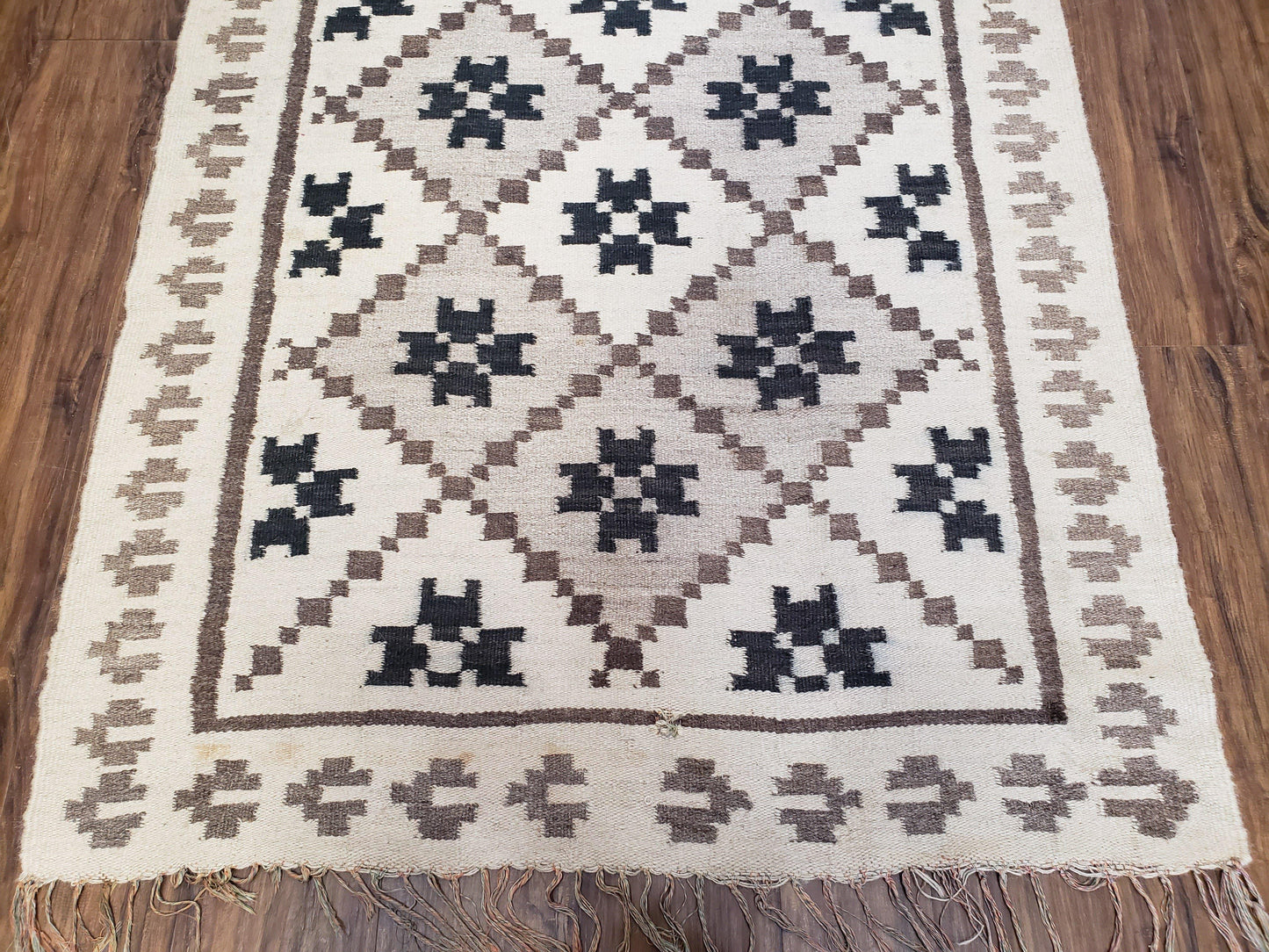 Semi Antique South American Blanket 4x8, Wool Hand-Woven Flatweave Kilim Rug, Handmade Antique Vintage Runner, Ivory & Blue, Diamond Panel
