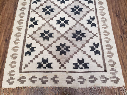 Semi Antique South American Blanket 4x8, Wool Hand-Woven Flatweave Kilim Rug, Handmade Antique Vintage Runner, Ivory & Blue, Diamond Panel