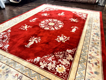 Chinese Wool Rug 8.6 x 11, Red and Beige Asian Oriental Carpet, Plush Pile, Vintage Handmade Chinese Carving Sculpted Rug, Semi Open Field