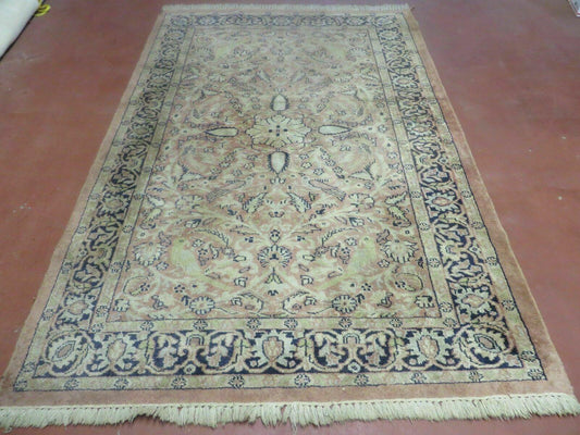Indian Silk Rug 4x6, Indian Kashmiri Silk Carpet 4 x 6 ft, Vintage Hand Knotted Floral Bird Motifs, Light Pink and Navy Blue, Silk on Cotton
