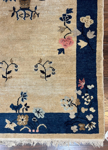 Antique Chinese Peking Rug 3x6, Beige and Dark Blue Hand Knotted Handmade Asian Oriental Carpet, Floral Vases, Vintage Wool Art Deco Rug