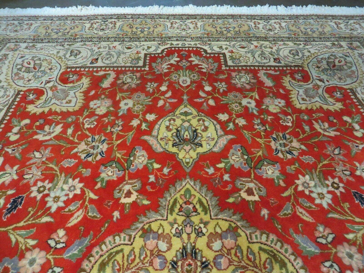 Vintage Persian Tabriz Rug 9x12, Tabatabaie Rug 9x12 Carpet, Handmade Hand Knotted Wool Area Rug, Tomato Red Beige, Medallion Rug, Floral