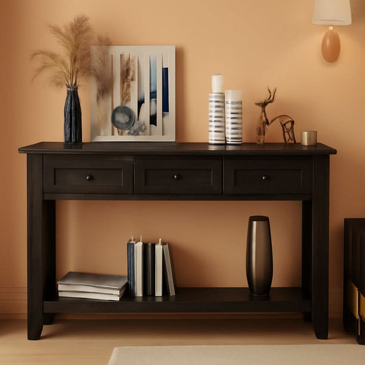 Black Console Table 55In Wide With 3 Drawers And Shelf
