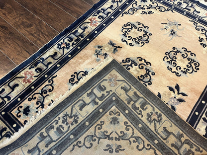 Chinese Peking Rug 4x6, Wool Hand Knotted Handmade Vintage Semi Antique Carpet, Semi Open Field, Light Peach & Navy Blue, Art Deco Rug