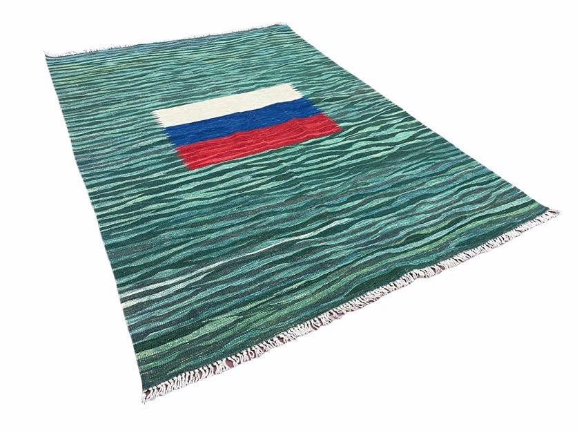 Sea Green Kilim Area Rug, White Blue Red Stripes, Russian Flag Rug, Flatweave Hand Knotted Carpet, Turkish Carpet, Wool, New, 5' 6" x 7' 10"