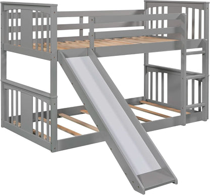 Twin Over Twin Bunk Bed With Slide In Gray For Kids