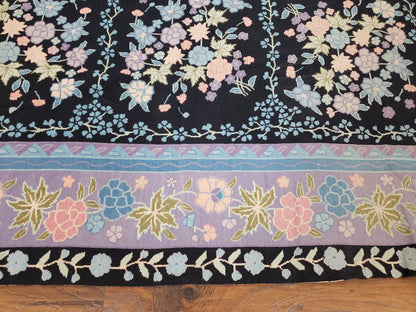 Chinese Needlepoint Rug 8 x 11.4, Hand-Woven Area Carpet, Flatweave Rug, Black Blue Light Violet Floral Garden European Design Wool Aubusson