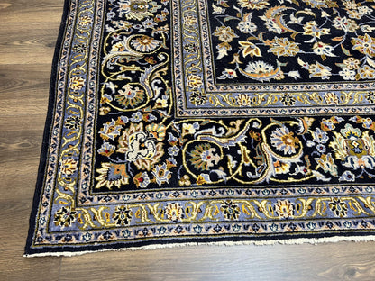 Wonderful Navy Blue Persian Kashan Rug 11x13, Allover Floral Design with Central Medallion, Wool Hand-Knotted Antique Carpet, Signed Rabani Rug
