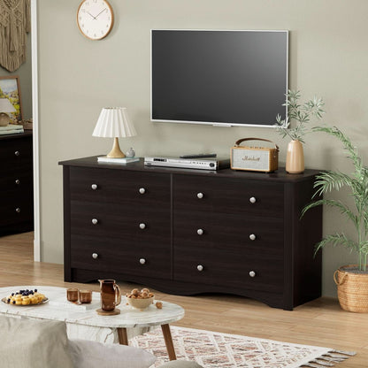 Brown Six Drawer Dresser And TV Stand Wide Wood Chest