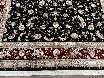 Sino Persian Rug 9x12, High Quality Oriental Carpet, Black and Maroon, Wool and Silk, Allover Floral Pattern, Hand Knotted, Vintage Rug Nice