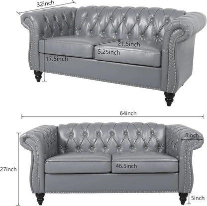 Grey Chesterfield Leather Living Room Set With Scroll Arms