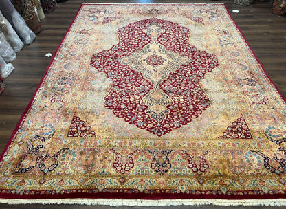 Persian Rug 9x12, Kirman DeLuxe, Millefleur Floral Medallion Carpet, Maroon Light Blue Beige, Semi Antique Authentic Hand Knotted Wool Rug