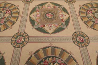 9x12 Beige Hand Hooked 100% Wool Traditional French Aubusson Oriental Area Rug