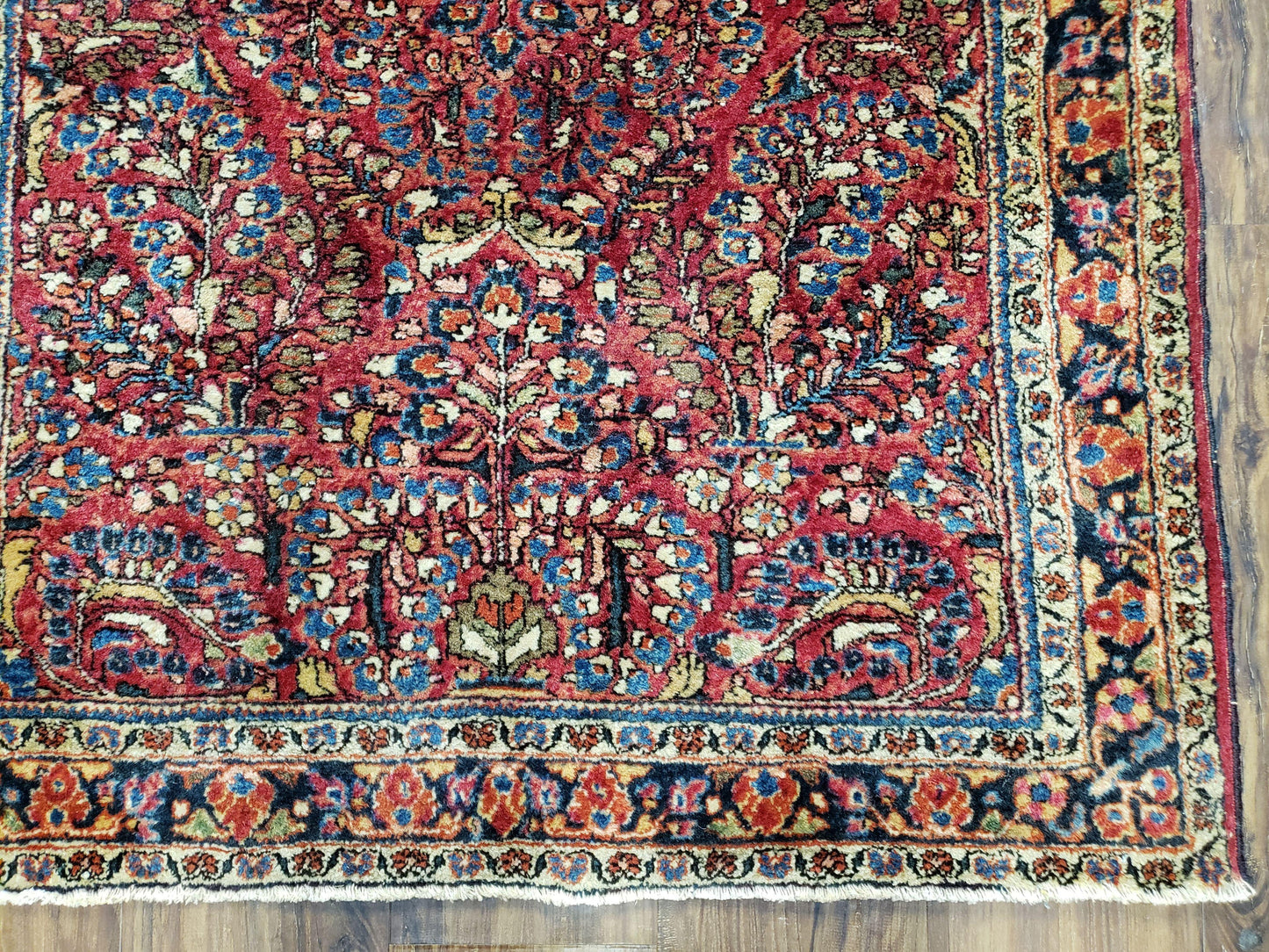 Antique Persian Sarouk Rug, Red, Allover Floral Pattern, Hand-Knotted, Wool, 3'4" x 4'10"