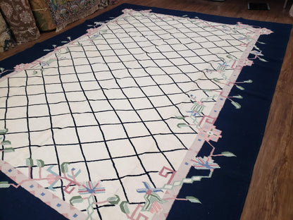 Vintage Dhurrie Rug, Indian Dhurrie 8x11 - 9x11, Wool Hand-Woven Ivory & Black Indo Carpet, Large Flat Weave Rug Living Room Rug Black White