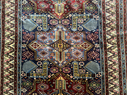 Indian Rug with Caucasian Design, 4x6 Geometric Carpet, Navy Blue and Cream