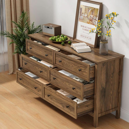 55 Inch Walnut Dresser With Six Drawers For Bedroom