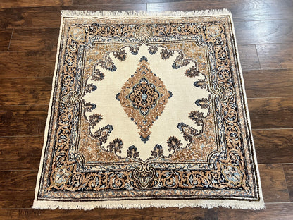 Square Persian Kirman Rug 4x4, Semi Open Field, Handmade