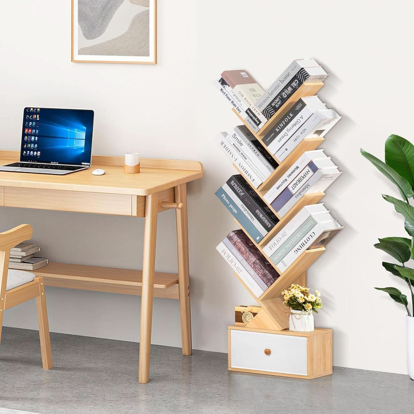 8 Tier Tree Bookshelf With Drawer Natural Wood Bookcase